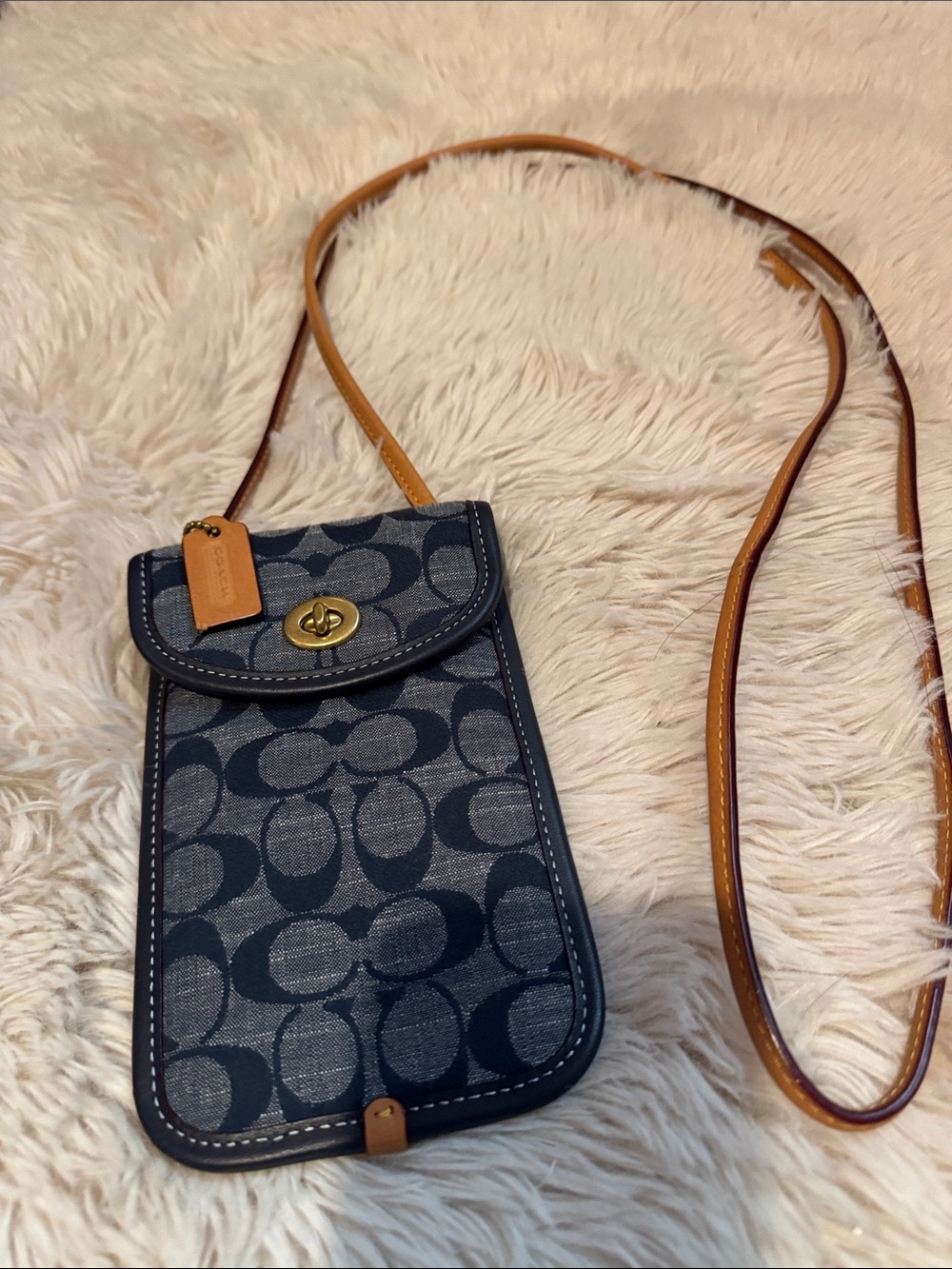 Coach Navy Signature Canvas Crossbody with Tan Leather Strap